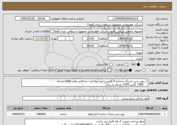 استعلام پودر شیر خشک ساشه 3 گرمی با آرم ایران ایر - در کارتن های 1000 عددی
1380 کارتن 1000 عددی در سال 
230 کارتن در 6 مرحله