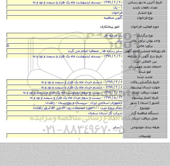 انجام پروژه نصب ۶۰۰۰مورد انشعابات زون d۴ الی d۶ شهر زاهدان