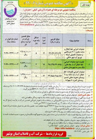 مناقصه، مناقصه عملیات اجرایی خط انتقال و سایت مخزن 2000 متر مکعبی ...