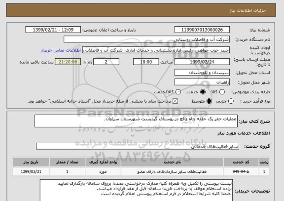 استعلام عملیات حفر یک حلقه چاه واقع در روستای گیدبست شهرستان سراوان