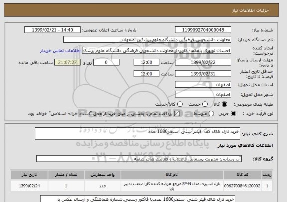 استعلام خرید نازل های کف  فیلتر شنی استخر1680 عدد