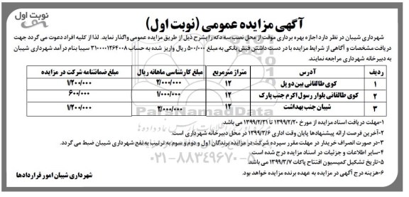 مزایده ، اجاره بهره برداری موقت از محل نصب سه دکه