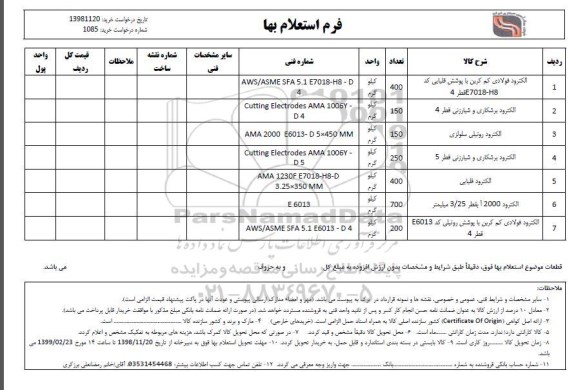 استعلام الکترود فولادی کم کربن با پوشش قلیایی ...