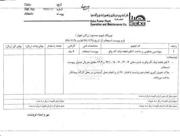 استعلام مهندسی معکوس و ساخت 6 قلم قطعه لیک آف والو 