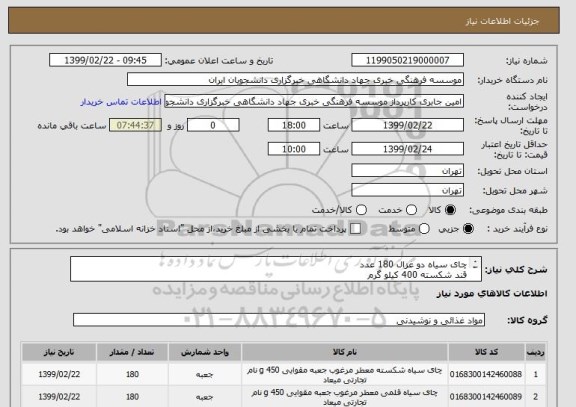 استعلام چای سیاه دو غزال 180 عدد
قند شکسته 400 کیلو گرم
09354259995