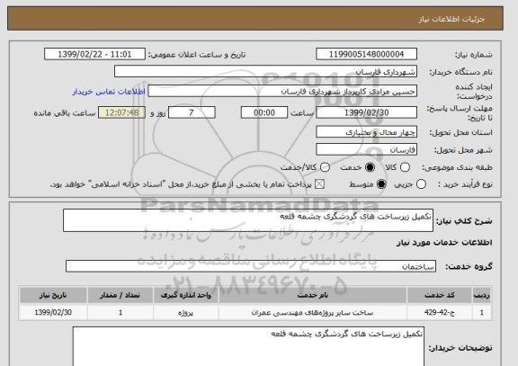 استعلام تکمیل زیرساخت های گردشگری چشمه قلعه