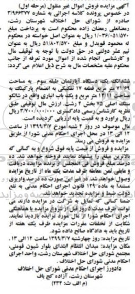 مزایده دستگاه آپارتمان به مساحت 71.69 مترمربع
