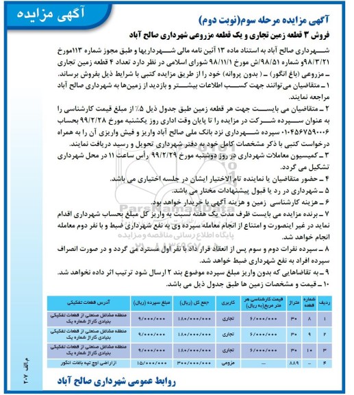 مزایده 4 قطعه زمین تجاری مزروعی  