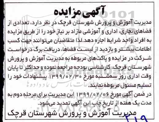 مزایده، مزایده اجاره تعدادی از فضاهای تجاری، اداری و آموزشی مازاد