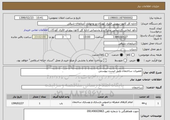 استعلام تعمیرات ساختمان طبق لیست پیوستی