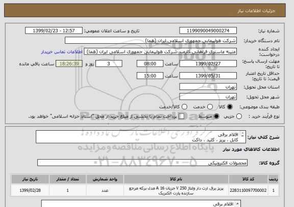 استعلام اقلام برقی
کابل ، پریز ، کلید ، داکت
قیمت پیشنهادی کاملا مطابق با جدول پیوست اعلام شود.
ایران کد جهت تشابه میباشد


