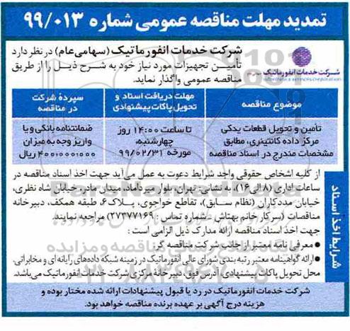 مناقصه عمومی , تمدید مناقصه تامین و تحویل قطعات یدکی مرکز داده کانتینری 