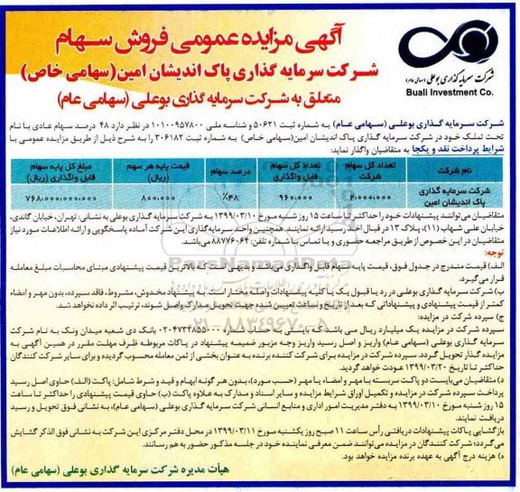 آگهی مزایده ، مزایده فروش سهام