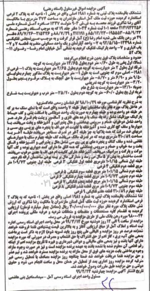 مزایده ،مزایده ششدانگ باقیمانده پلاک ثبتی 1981 اصلی