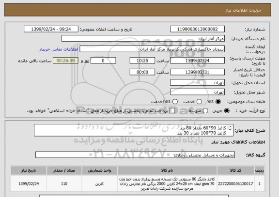 استعلام کاغذ 90*60 تعداد 80 بند
کاغذ 70*100 تعداد 30 بند
جمعا 110 بند
در یک مبلغ کلی اعلام گردد