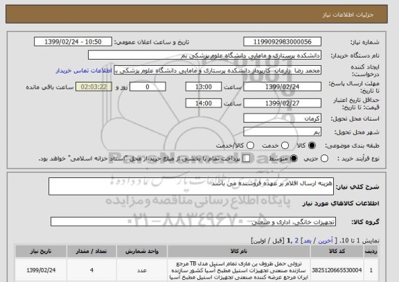 استعلام هزینه ارسال اقلام بر عهده فروشنده می باشد