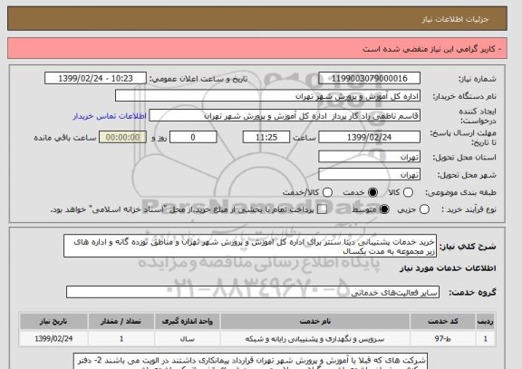 استعلام خرید خدمات پشتیبانی دیتا سنتر برای اداره کل اموزش و پرورش شهر تهران و مناطق نوزده گانه و اداره های زیر مجموعه به مدت یکسال 