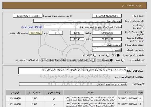استعلام پخت آسفالت و حمل به ریوش و پخش و قیرپاشی. قیر توسط شهرداری تامین می شود
