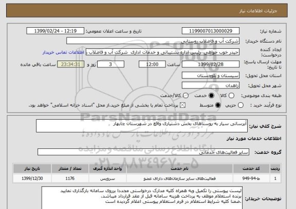 استعلام آبرسانی سیار به روستاهای بخش دشتیاری واقع در شهرستان چابهار