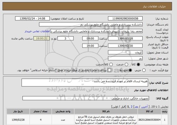 استعلام هزینه ارسال اقلام بر عهده فروشنده می باشد