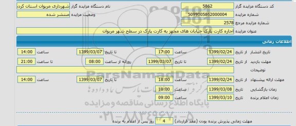 مزایده  اجاره کارت پارک خیابان های مجهز به کارت پارک در سطح شهر