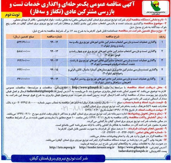 مناقصه , مناقصه واگذاری خدمات تست و بازرسی انشعاب مشترکین عادی (تکفاز و سه فاز) - نوبت دوم 