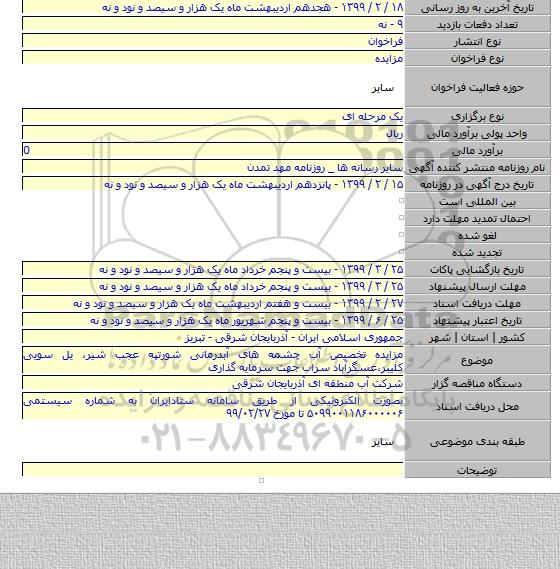 مزایده تخصیص آب چشمه های آبدرمانی شورتپه عجب شیر، یل سویی کلیبر،عسگرآباد سراب جهت سرمایه گذاری