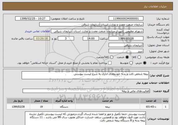 استعلام بیمه شخص ثالث و بدنه خودروهای اداری به شرح لیست پیوستی