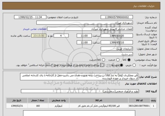 استعلام قیر عملکردی (pg) به تناژ 160 تن،پرداخت وجه بصورت نقدی می باشد-حمل از کارخانه تا پای کارخانه اعلامی از سوی خریدار بر عهده فروشنده