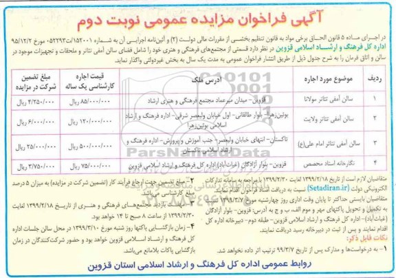 آگهی فراخوان مزایده , فراخوان مزایده واگذاری قسمتی از مجتمع های فرهنگی و هنری نوبت دوم 