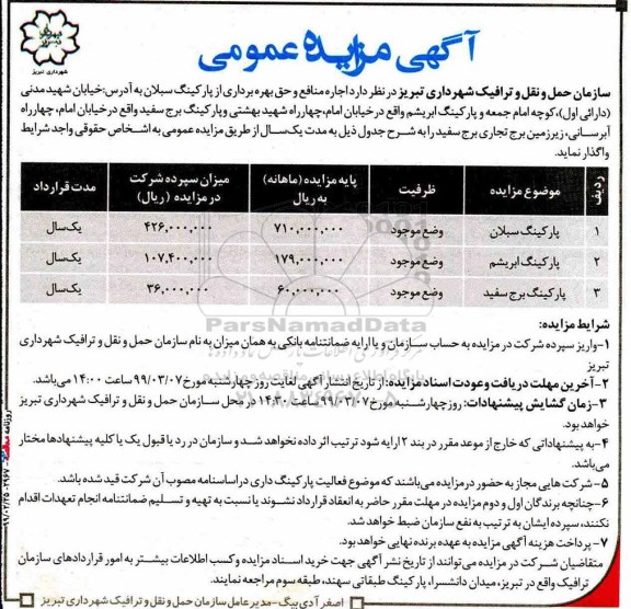 مزایده , مزایده اجاره منافع و حق بهره برداری از پارکینگ سبلان