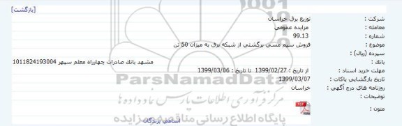 مزایده فروش سیم مسی برگشتی