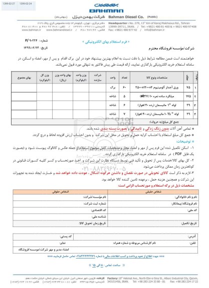 استعلام، استعلام ورق آجدار آلومینیوم 2*1200*2500	