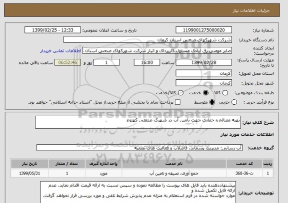 استعلام تھیه مصالح و حفاری جھت تامین آب در شھرک صنعتی کھنوج