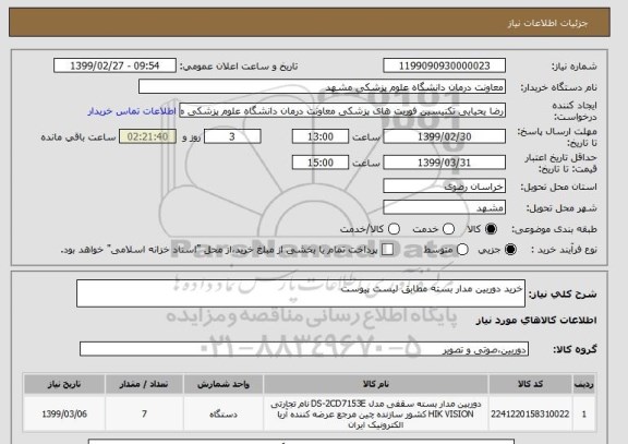 استعلام خرید دوربین مدار بسته مطابق لیست پیوست