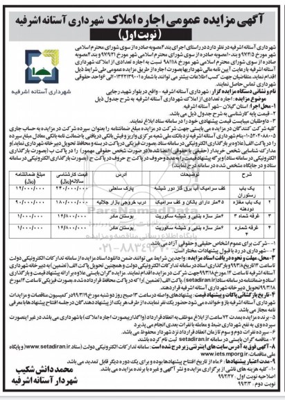 آگهی مزایده عمومی, مزایده عمومی اجاره املاک