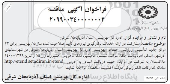 مزایده مشارکت در ارائه خدمات بکارگیری نیروهای..نوبت دوم 