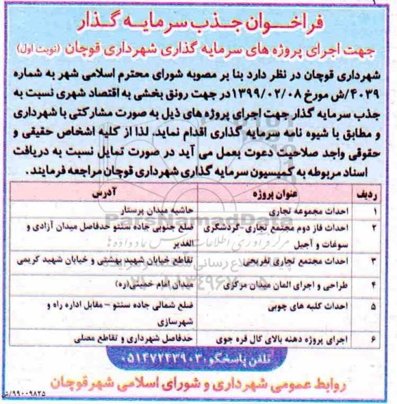 فراخوان, فراخوان جذب سرمایه گذار جهت اجرای پروژه های سرمایه گذاری