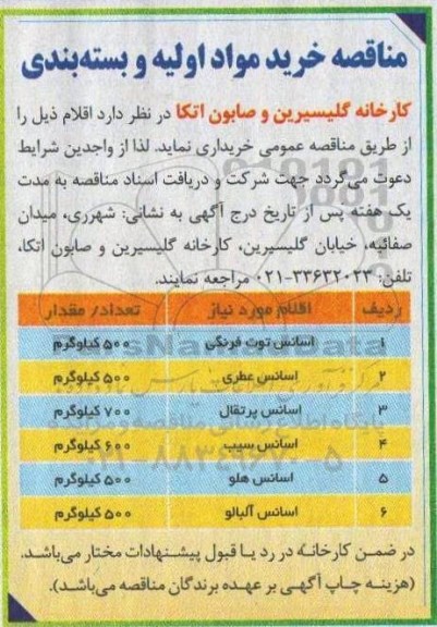 مناقصه ، مناقصه خرید مواد اولیه و بسته بندی 