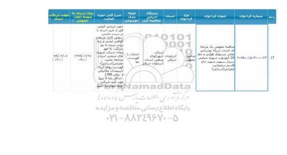 مناقصه احداث شبکه روشنایی معابر