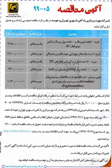 مناقصه, مناقصه خرید 500 عدد بلبیرینگ و 500 عدد رول بیرینگ ترکشن... 