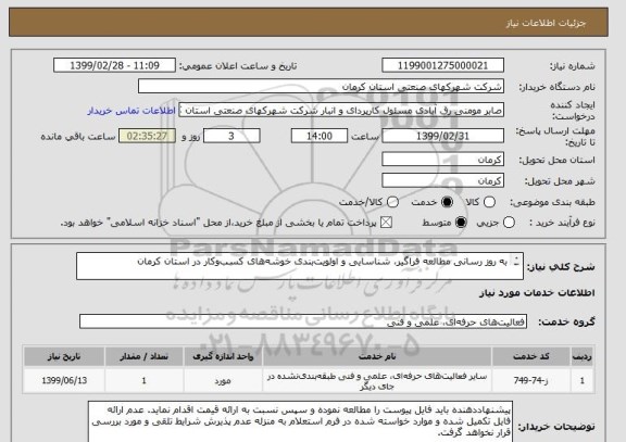 استعلام به روز رسانی مطالعه فراگیر، شناسایی و اولویت بندی خوشه های کسب وکار در استان کرمان

