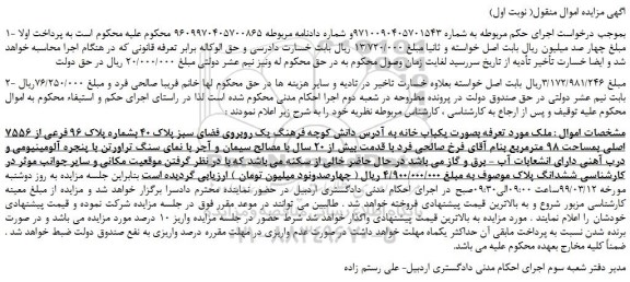 مزایده، مزایده فروش ملک بصورت یکباب خانه 