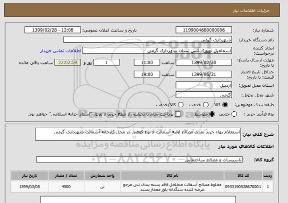 استعلام استعلام بهاء خرید نقدی مصالح اولیه آسفالت از نوع کوهی در محل کارخانه آسفالت شهرداری گرمی