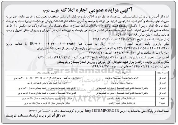 مزایده، مزایده اجاره املاک نوبت دوم