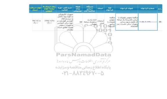 مناقصه, مناقصه تکمیل و بروز رسانی تجهیزات سالن بندر گلمانخانه