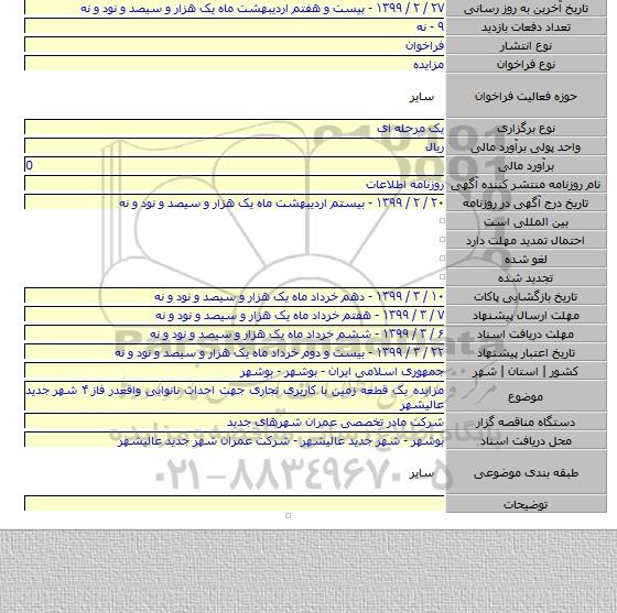 مزایده یک قطعه زمین با کاربری تجاری جهت احداث نانوایی واقعدر فاز ۴ شهر جدید عالیشهر