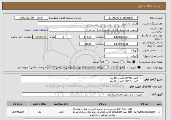 استعلام کاغذ 90*60 تعداد 80 بند
کاغذ 70*100تعداد 30 بند
جمعا 110 بند
با کیفیت تضمین شده
در یک مبلغ کلی اعلام گردد .