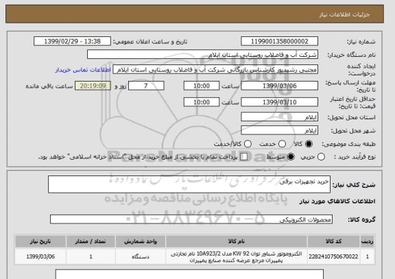 استعلام خرید تجهیزات برقی