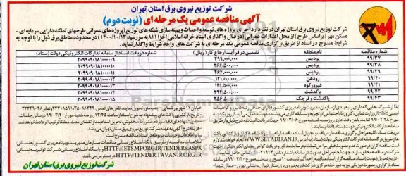 آگهی مناقصه عمومی ,مناقصه  اجرای پروژه های توسعه و احداث و بهینه سازی شبکه های توزیع- نوبت دوم 